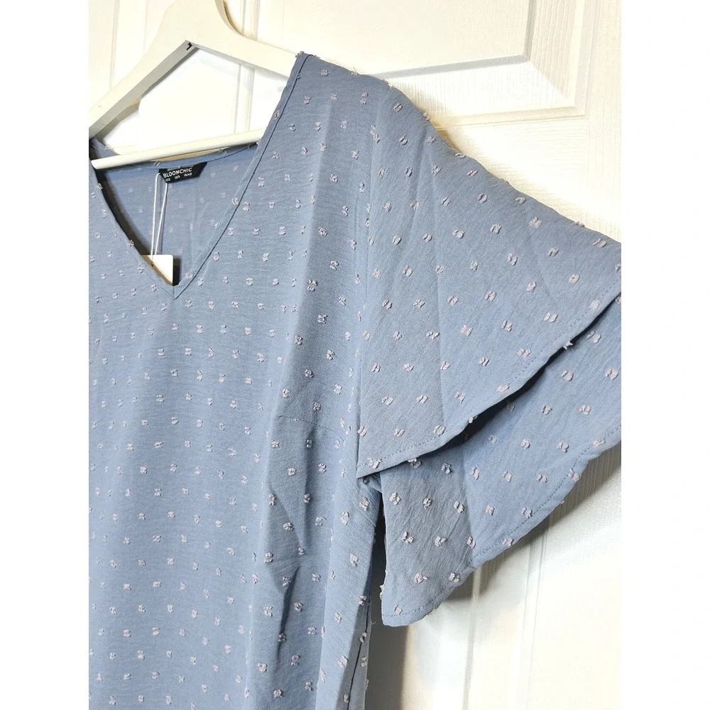 BloomChic NWT Blouse Swiss Dot‎ Tiered Ruffle Sleeves 12 Large Blue